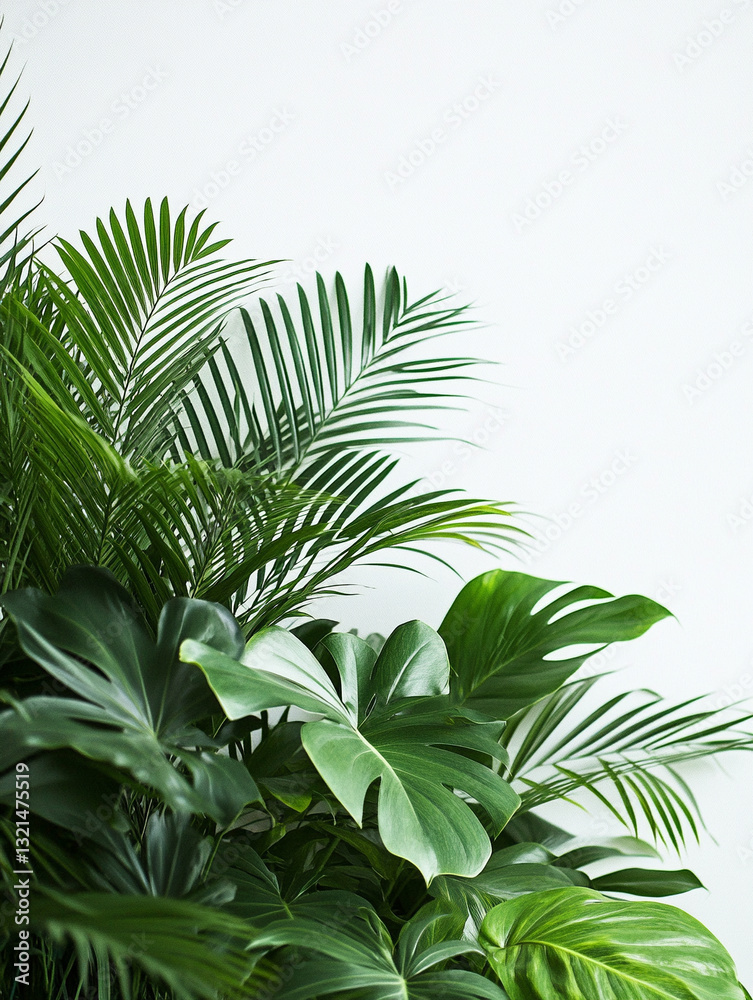 Obraz premium Lush green tropical plants against a plain background