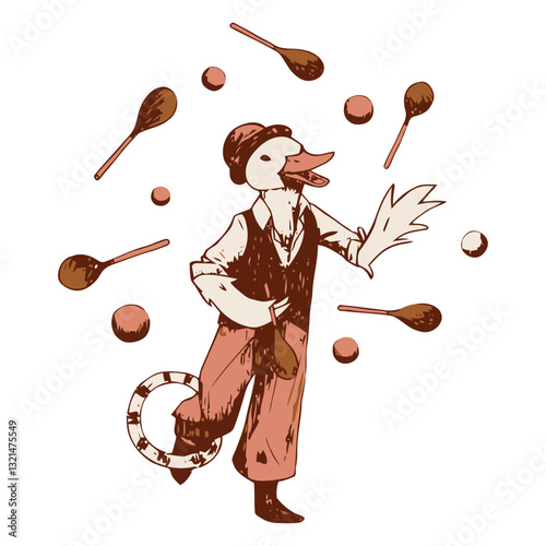 Whimsical Duck's Balancing Act: A unique illustration of a duck expertly juggling spoons, a hat and vest exuding charm and showmanship in a delightful spectacle of skill.