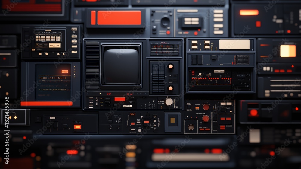 © YURY YUTY - Retro electronic panels with buttons and dials, showcasing vintage technology aesthetics.