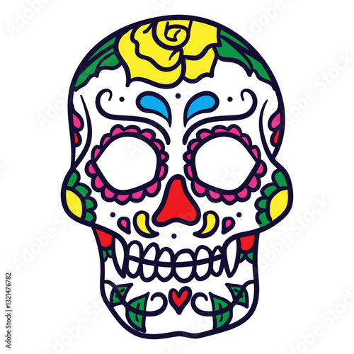 Celebratory Skull: A beautifully decorated sugar skull, an emblem of the Mexican Day of the Dead (Día de Muertos), representing remembrance, celebration, and reverence.