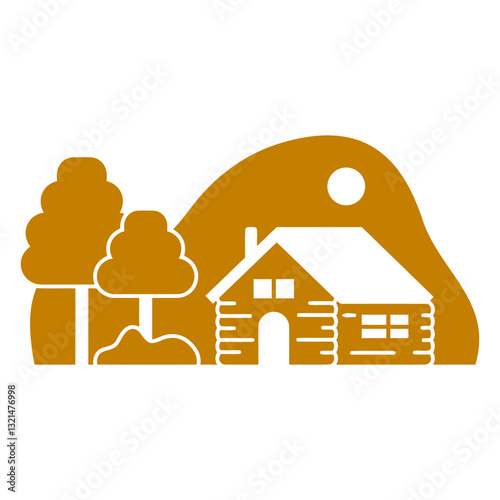 Tranquil Cabin Retreat: A minimalist, graphic illustration portrays a serene cabin nestled amidst the gentle slopes of a hill, embraced by the warmth of the setting sun and verdant trees.