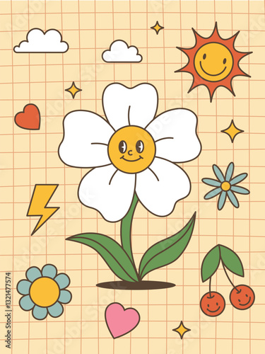Hello spring, groove poster,postcard.Retro characters, 70s.Cartoon vector illustration