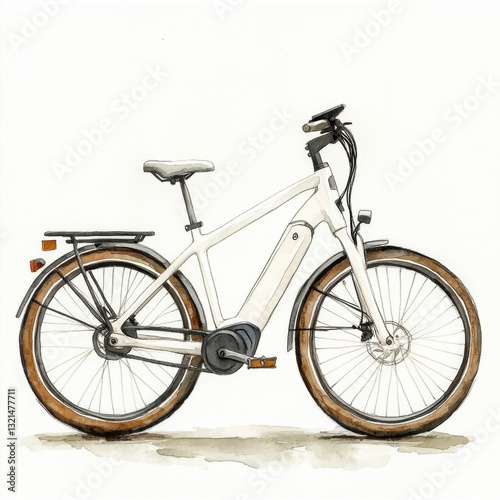 Off white electric bicycle watercolor painting, side view, showcasing details like mudguards and rack.