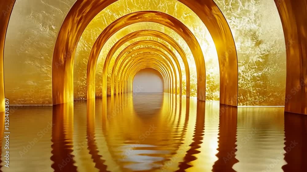 Golden archway reflecting on rippled liquid surface creating a luxurious and surreal architectural water feature with gleaming ethereal light