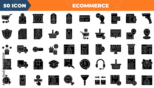 Ecommerce icon set. Containing shopping cart, sale tag, bag,and more. Solid vector icons collection.