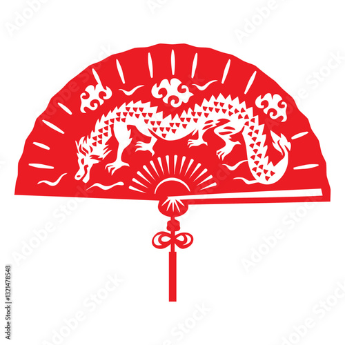 Crimson Dragon Fan: The dragon cut-out fan presents a vibrant symbol of auspiciousness in a striking red, ideal for cultural projects. This image radiates auspiciousness and intricate detail.