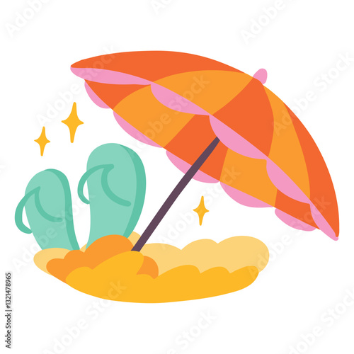 Summer Relaxation: A vibrant illustration captures the essence of relaxation under a beach umbrella. With sparkling stars and a pair of flip-flops resting in the sand.