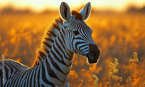 Majestic zebra standing in a golden grassland at sunset, showcasing nature's beauty and tranquility
