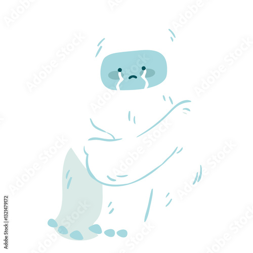 Lonely Yeti's Tears: An illustration of a sad yeti, its expression reflecting profound loneliness and sorrow. The figure, rendered in soft colors, sits huddled, tears streaming down.