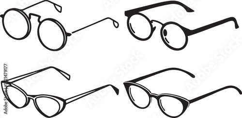 Isolated black vector eyeglasses illustrate various styles of optical vision frames