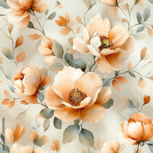botanical watercolor floral pattern with roses peonies garden flowers leaves branches vintage design background