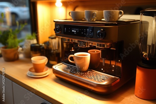 A sleek automated coffee maker stands on a bright counter mugs nearby