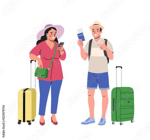 Young woman and man tourists with luggages, smartphone and passports. Vector cartoon flat style illustration