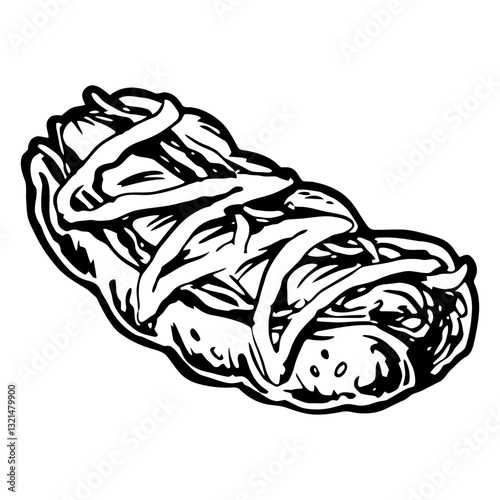Hotdog Sketch: A mouthwatering illustration of a classic hotdog, bun, mustard, and relish, a symbol of comfort food.
