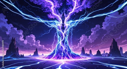 Blue purple Abstract pure energy with electrical electricity plasma power fusion anime on background illustration