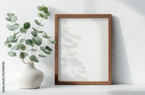 Minimalistic wooden photo frame mockup with eucalyptus on white wall for artwork or print display