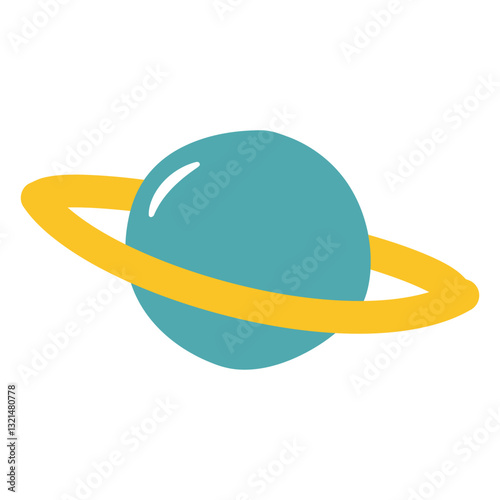 Saturn-like Planet Icon: A charming illustration of a teal planet with a bright yellow ring system, reminiscent of Saturn.  Perfect for educational materials, children's books.