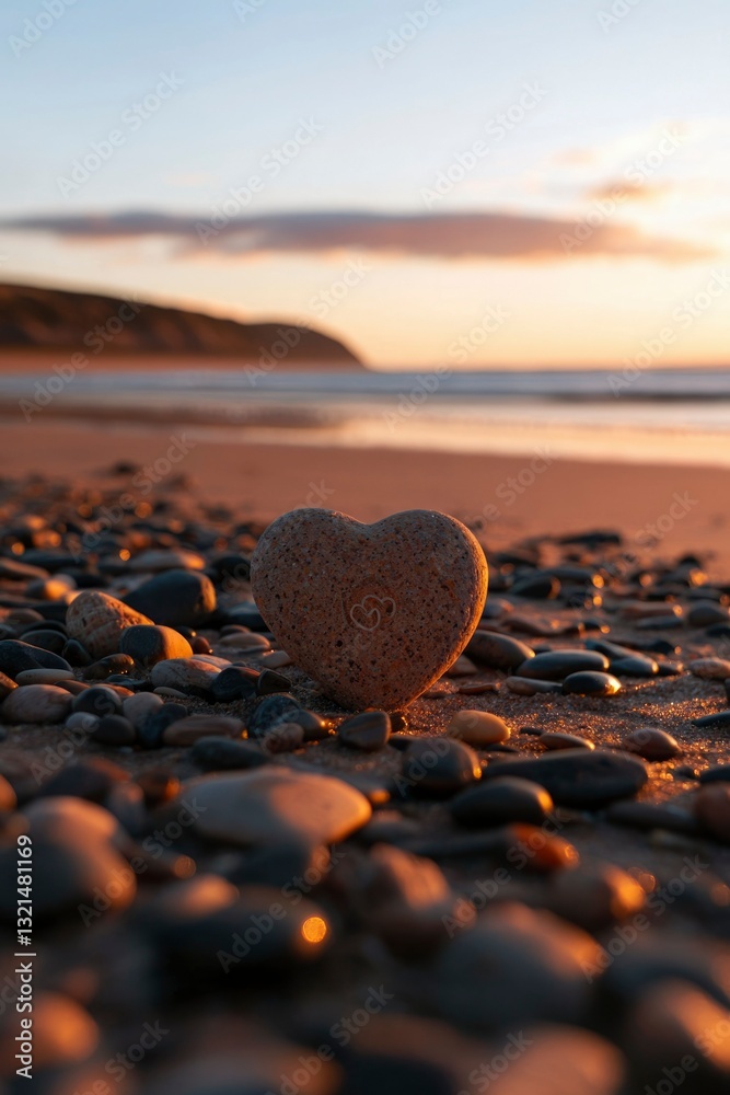 Fototapeta premium Heart-shaped stone on beach at sunrise