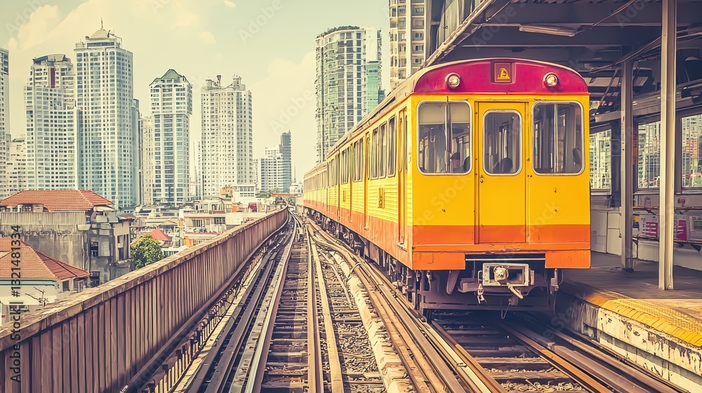 Obraz premium A train speeding through urban tracks in a vibrant cityscape highlighting modern transport infrastructure