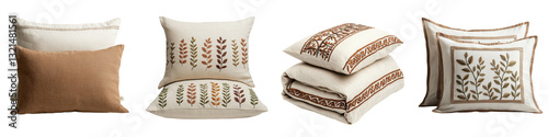 Assortment of cozy and stylish decorative throw pillows featuring a variety of botanical leaf and floral patterns in neutral earthy tones  These plush