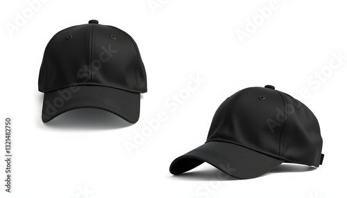 Baseball cap black with shadow templates, front views isolated on white background. Mock up. Front and side view, vintage. White tone