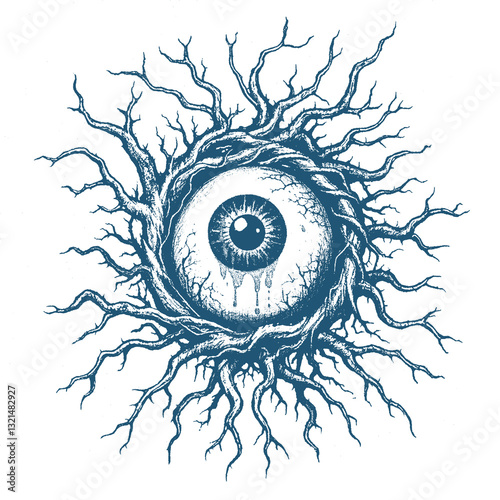Foto A black and white line art illustration of an eyeball wrapped in thorny roots