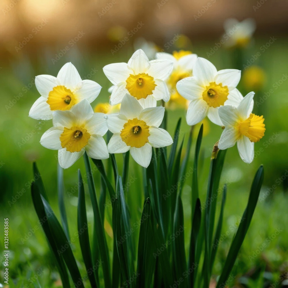 Obraz premium Narcissus buds in grass under soft diffused light, capturing spring's essence.. Generated AI