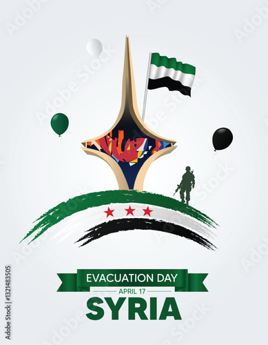 Syria Evacuation Day 17 April landmark with flag vector poster