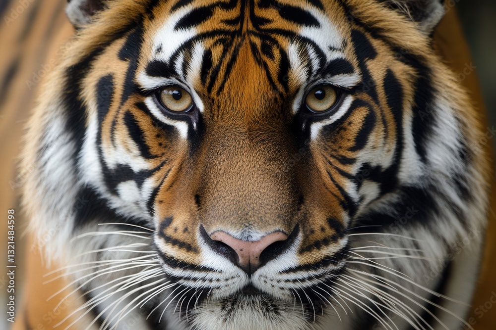 Naklejka premium Close-up portrait of a tiger gazing directly at the camera with detailed fur and a blurred background