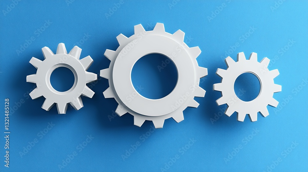 White Interlocking Gears on Blue Textured Background White Interlocking Gears on Blue Textured Background