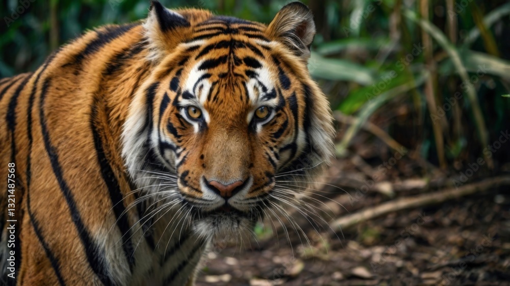 Tiger Staring Directly at Camera in Lush Green Forest Environment Tiger Staring Directly at Camera in Lush Green Forest Environment