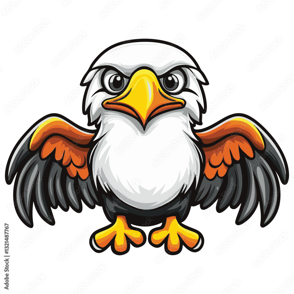 Fototapeta premium Cartoon Eagle with White Head and Chest, Brown Wings, and Yellow Beak and Feet