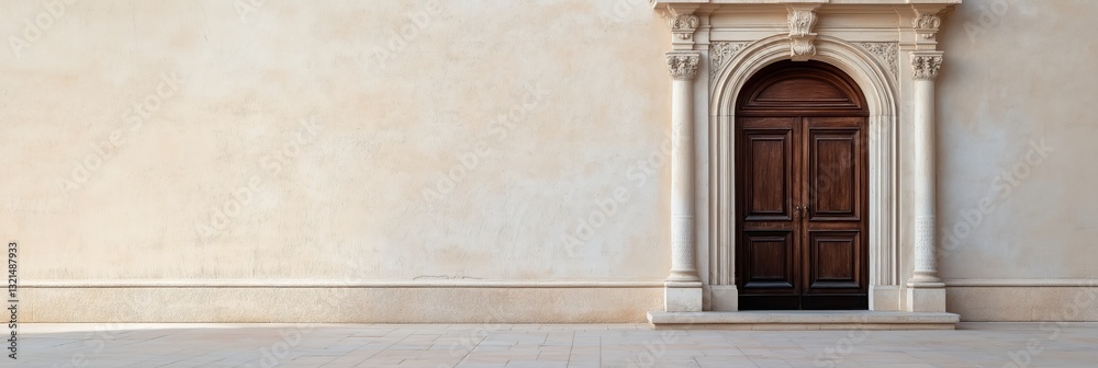 Fototapeta premium A captivating wooden door set in a simple architectural backdrop, exuding timeless elegance while inviting curiosity about the space beyond and its hidden stories.