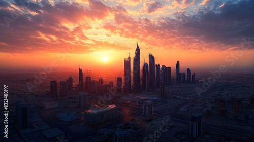 The sun sets over advanced high-rise buildings in the King Abdullah Financial District, situated in the heart of Riyadh, Saudi Arabia