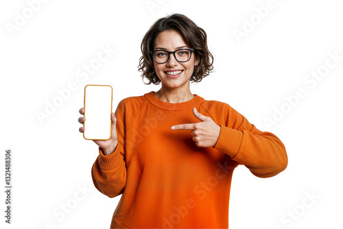 Modern european woman smiling with stylish glasses holding a smartphone with clear empty screen simple white background focusing on technology fashion accessories lifestyle gadget usage