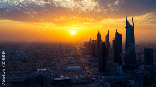 The sun sets over advanced high-rise buildings in the King Abdullah Financial District, situated in the heart of Riyadh, Saudi Arabia
