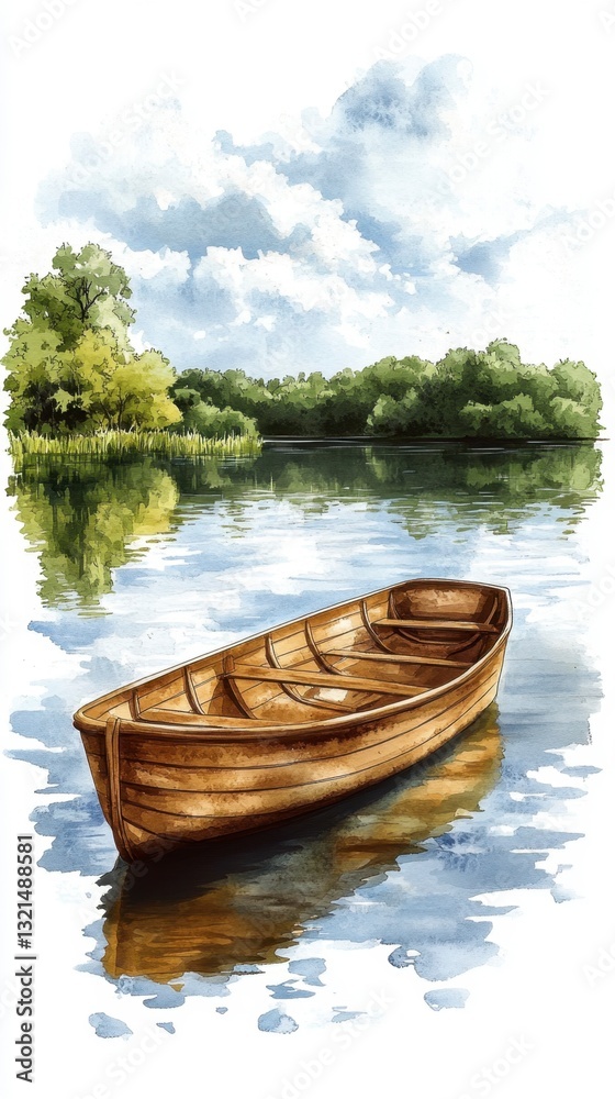 Wooden rowboat on calm lake under cloudy sky, surrounded by lush green trees. Tranquil summer scene. Wooden rowboat on calm lake under cloudy sky, surrounded by lush green trees. Tranquil summer scene.
