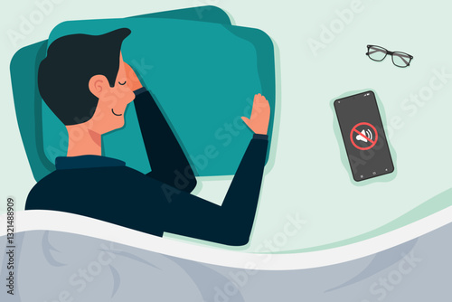 A man sleeping on the bed with pillow, blanket, and a mobile phone with mute sound or silent mode symbol. Do not disturb concept.