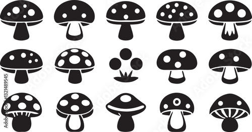Cartoon illustration of various mushrooms in a forest with red, white, and brown colors, surrounded by grass and plants, featuring edible fungi and toadstools in an autumn setting