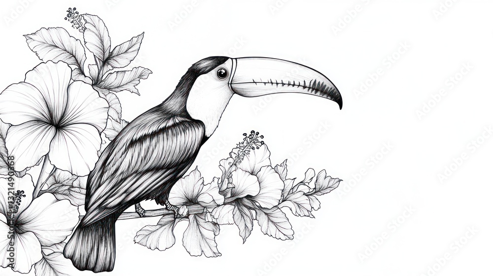 Toucan perched on hibiscus branch, tropical scene, white background, design element