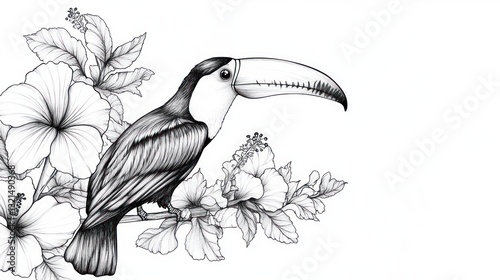 Toucan perched on hibiscus branch, tropical scene,  white background, design element