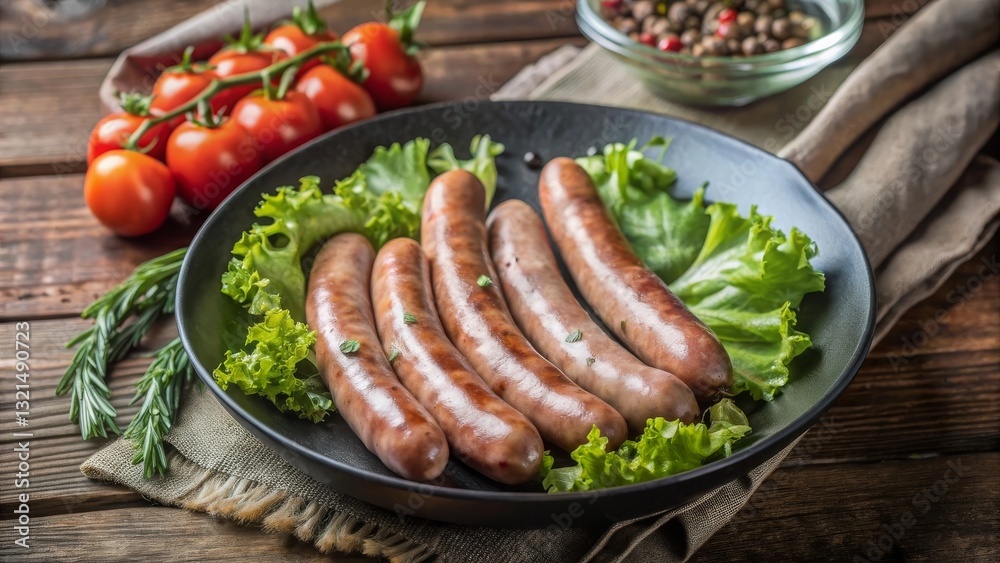 Sizzling grilled sausages with fresh tomatoes and lettuce on rustic wooden table culinary delight close-up view Sizzling grilled sausages with fresh tomatoes and lettuce on rustic wooden table culinary delight close-up view
