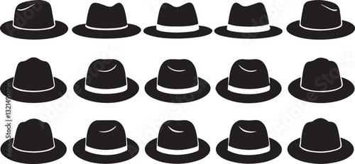 Set of black silhouette hats in various styles including fedora, bowler, and cowboy, in a vintage and classic design, isolated on a white background as a vector illustration