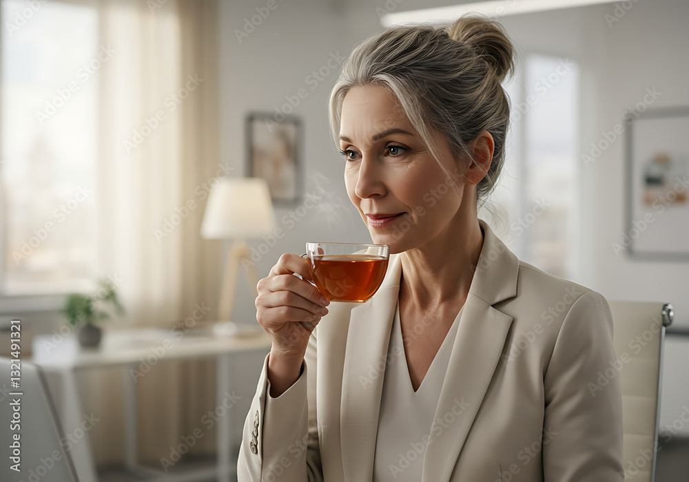 Una hermosa empresaria de mediana edad disfrutando del té. Una hermosa empresaria de mediana edad disfrutando del té.