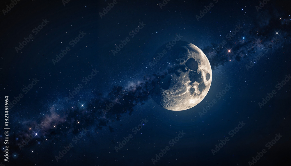 Fototapeta premium Crescent moon surrounded by swirling star sparkles, celestial beauty