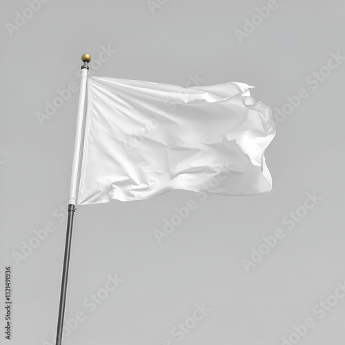 A white flag waving freely in the wind against a gray background, perfect for representing surrender or truce