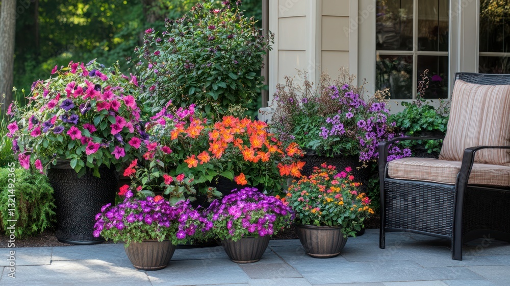 Fototapeta premium A vibrant display of colorful flowers in pots on a patio beside a comfortable chair.