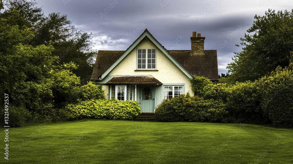Obraz premium Charming cottage with vibrant grass and dense foliage under cloudy sky