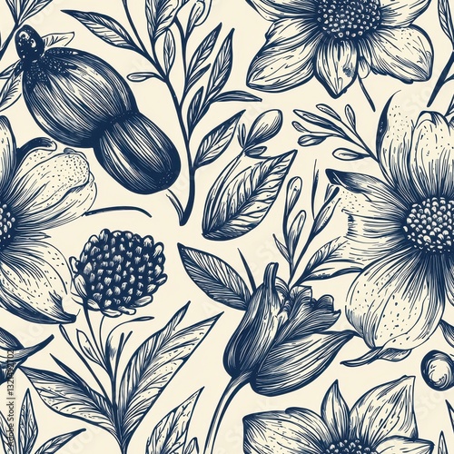 Classic Floral Seamless Pattern with Fine Line Illustrations