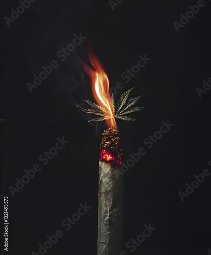 Cannabis Joint with red flamed tip and a cannabis leaf flower sprouting out on black with smoke
